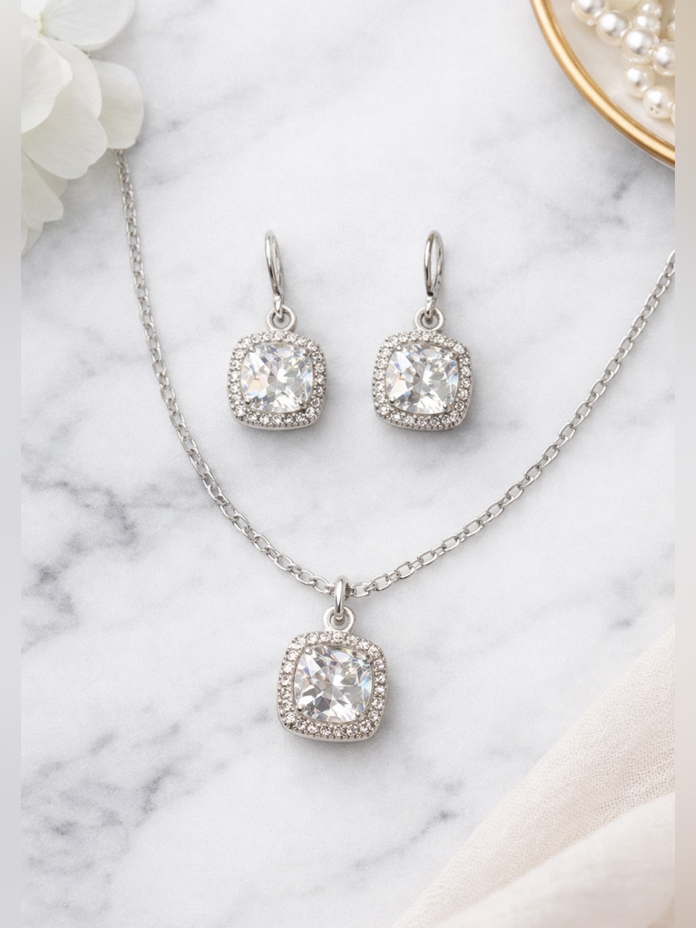 NWT Cézanne Cubic Zirconia Necklace Earrings Set CZ Silver for Sensitive Skin